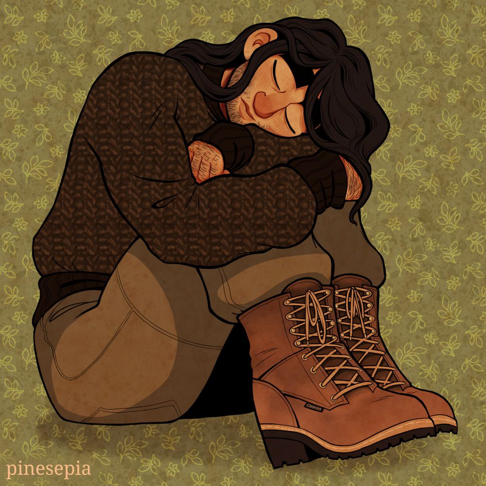 Illustration of Muriel from The Arcana. He's hugging his legs and resting his head on his arms. He has a calm, sleepy expression. He's wearing a black knit sweater, olive green khakis, and leather work boots. The background is green with small leaves patterned throughout.