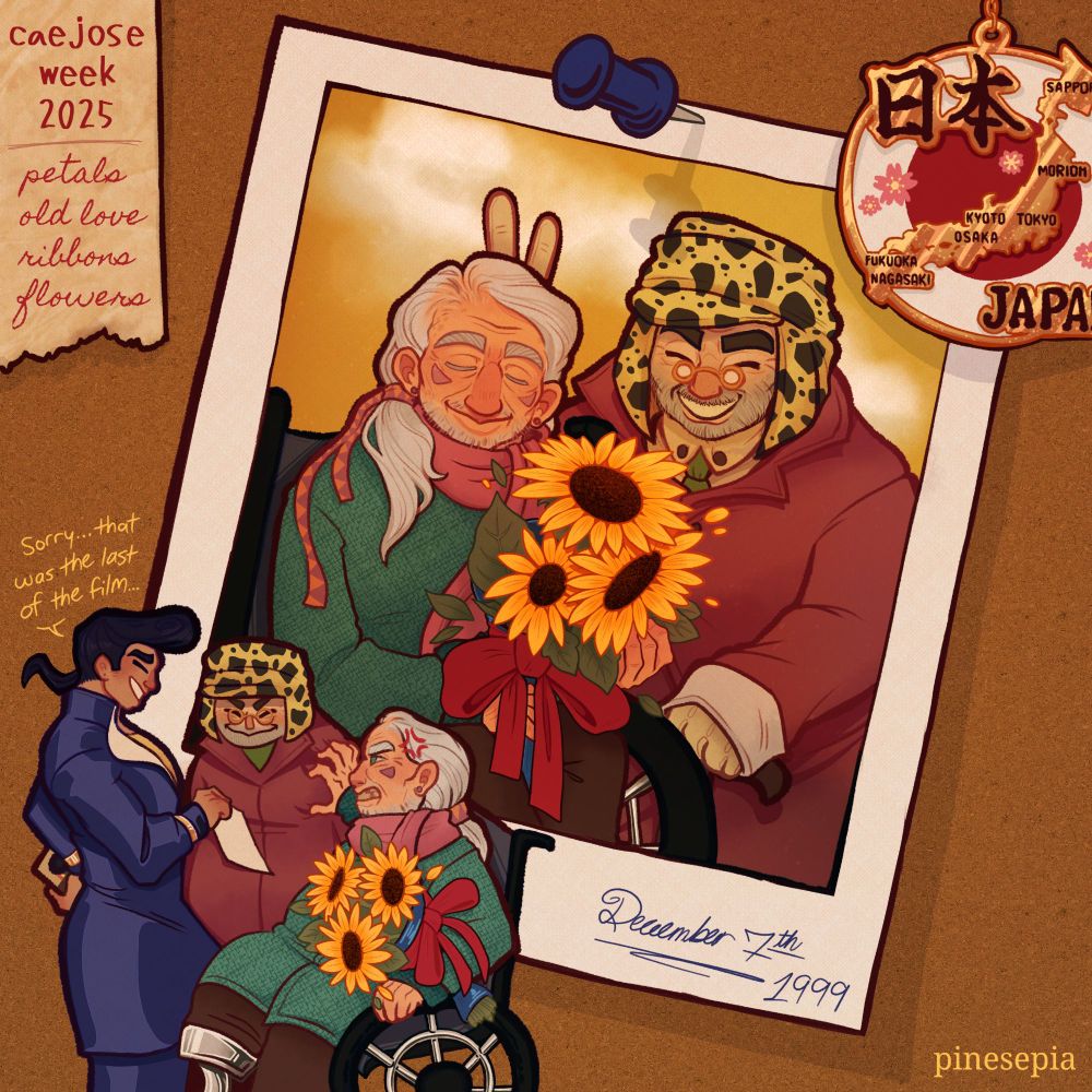 Illustration of the characters Caesar and Joseph from JoJo's Bizarre Adventure. The main part is a polaroid photo of the two of them as very old men visiting Morioh, which is pinned on a corkboard with a keychain of Japan pinned next to it. In the photo, Caesar is sitting in a wheelchair calmly and smiling, holding sunflowers given as a gift, while Joseph is holding up two fingers behind his head to look like rabbit ears and smirking. which is pinned on a corkboard with a keychain of Japan pinned next to it. Beneath the photo is a small drawing of the two of them plus Josuke, with a dialog bubble stating "Sorry, that was the last of the film." While Caesar is grabbing Joseph angrily for ruining the photo. The top right corner says the themes for Caesar/Joseph Week 2025 that the picture was based on, which was petals, old love, ribbons, and flowers. 