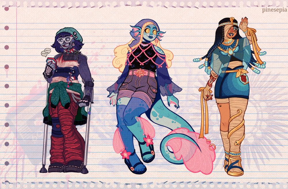 Illustration of my own redesigns of Ghoulia Yelps, Lagoona Blue, and Cleo De Nile from Monster High. 

Ghoulia is drawn with gray skin, dark blue hair, dark blue eyes and gray irises, and with more zombie-like features, her skin visibly decaying. She is wearing a pale pink shirt with mesh sleeves, ripped red pants, Doc Martin boots, a green jacket with brain patterns around her waist, a light green beanie, fingerless gloves, a red spiked choker, and white glasses. She is also using forearm crutches, and wears a knee brace as well as a back brace with keychains on the metal loop. She is holding her phone and smiling. 

Lagoona is drawn with teal skin and pink fins, fangs, loose blonde hair with one braid, and yellow glowing eyes. She's wearing a dark blue shirt with mesh sleeves, a blue mesh handkerchief holding her hair back, a pink fishnet shawl on her shoulders, denim shorts, blue mesh leggings, and dark blue sandals with hibiscus flowers on them. She also has a long tail and her ear fins and tail fin has bronze-gold piercings. She's looking to the side and smiling. 

Cleo is drawn with her usual medium bronze skin tone, mostly covered in mummy bandages, wearing blue Egyptian makeup. Her uncovered eye is dark blue with a golden iris, and her right arm is uncovered and visibly decaying. She has a headpiece with beaded dark blue locs and a golden Egyptian crown, a golden neckpiece with a scarab jewelry piece, a light teal shawl over her shoulders, gold ribbons on her wrists, a short blue skirt with her heart in a jar tied to her waist, a gold snake around her left leg, and golden sandals. She is smiling and waving. 