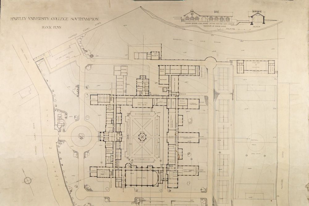 Cream paper with a plan. Hartley University College Southampton block plan. Main plan shows an aerial view. There is a much smaller front and side elevation.