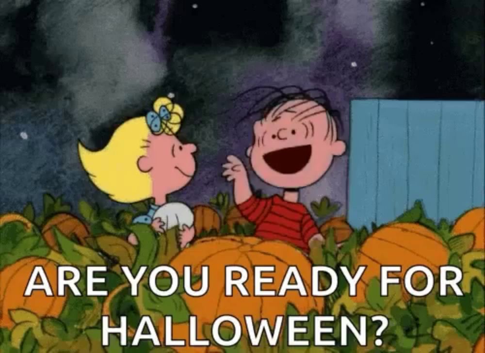 a cartoon of a boy and a girl standing in a field of pumpkins with the caption " are you ready for halloween ? "