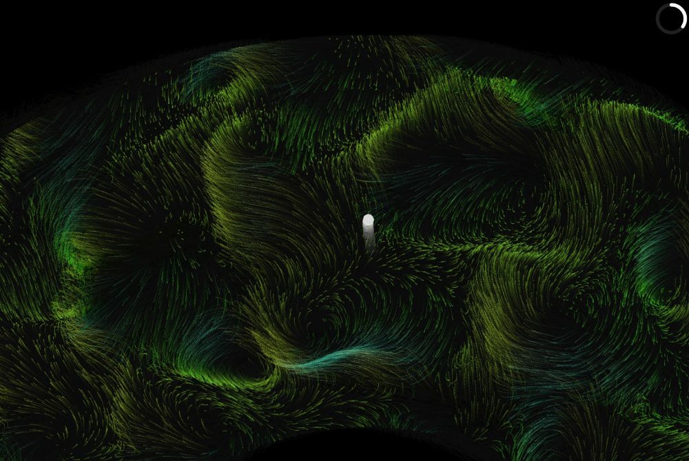 screenshot of game with green particle flowfield visible