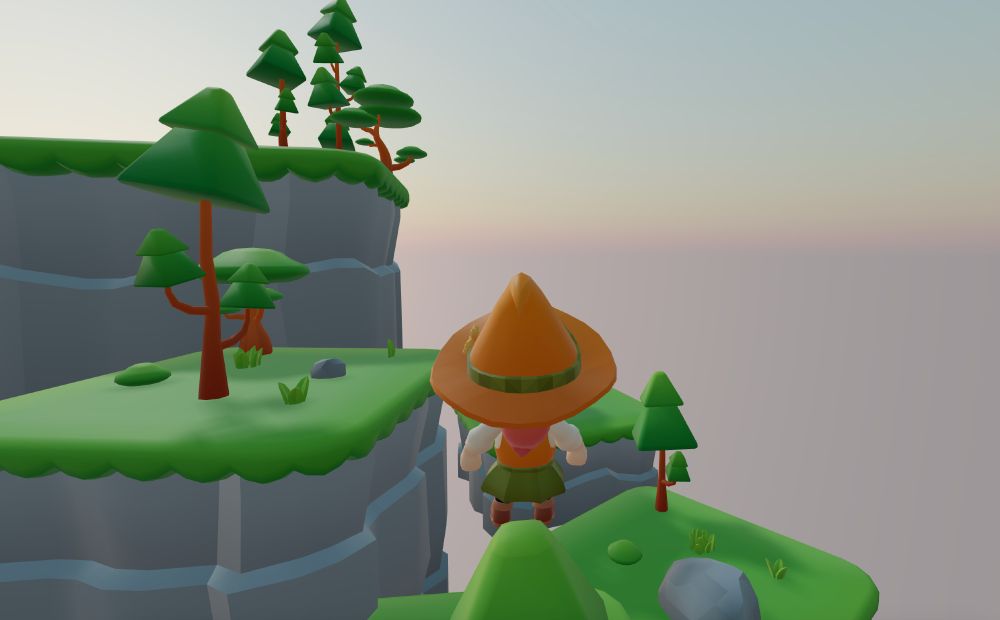 screenshot of witch player character standing on top of a tree and waiting