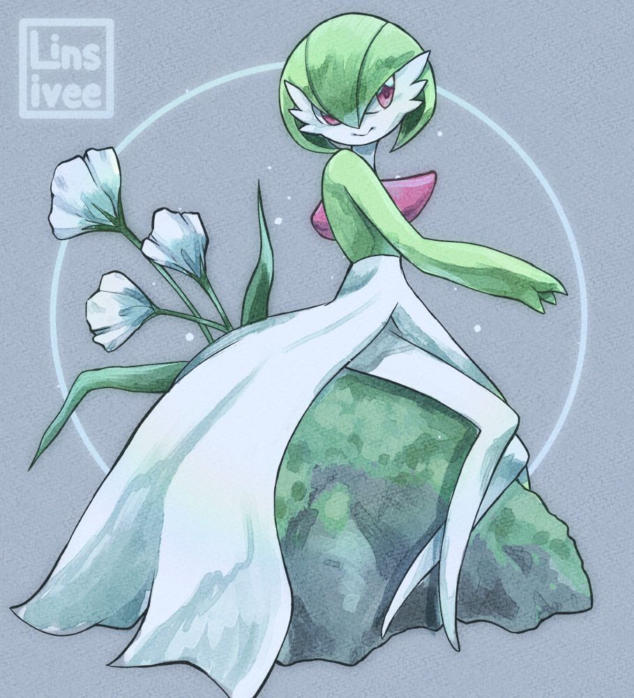 The Pokemon Gardevoir is sitting on a rock. White flowers are sprouting from behind the Pokemon