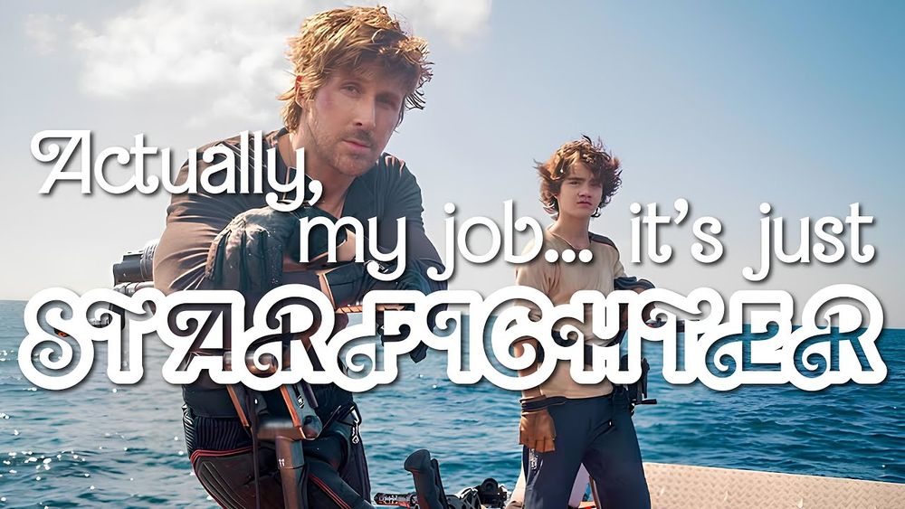 The infamous photo that Shawn Levy posted on instagram featuring Ryan Gosling and Flynn Gray. On top overlaid, is text in the Barbie font which reads, "Actually, my job... it's just STARFIGHTER"