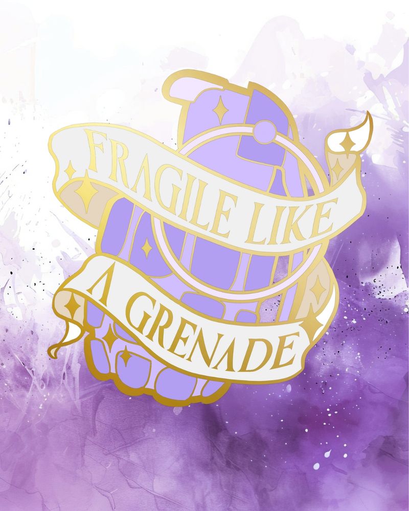 A purple cartoon style grenade reading "fragile like a grenade" on a banner