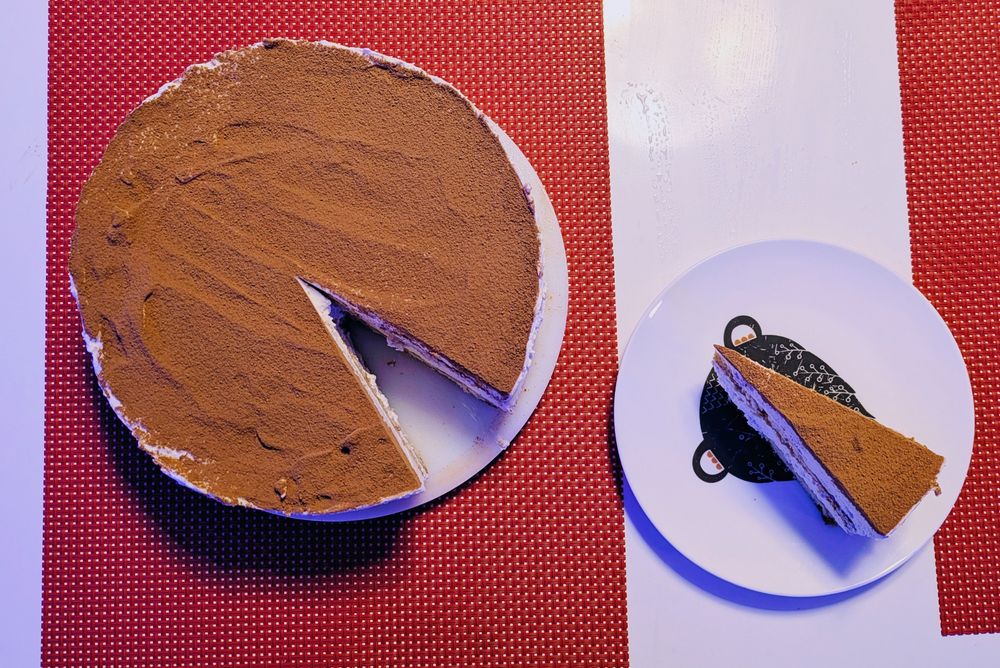 Tiramisu cake, photographed from above 