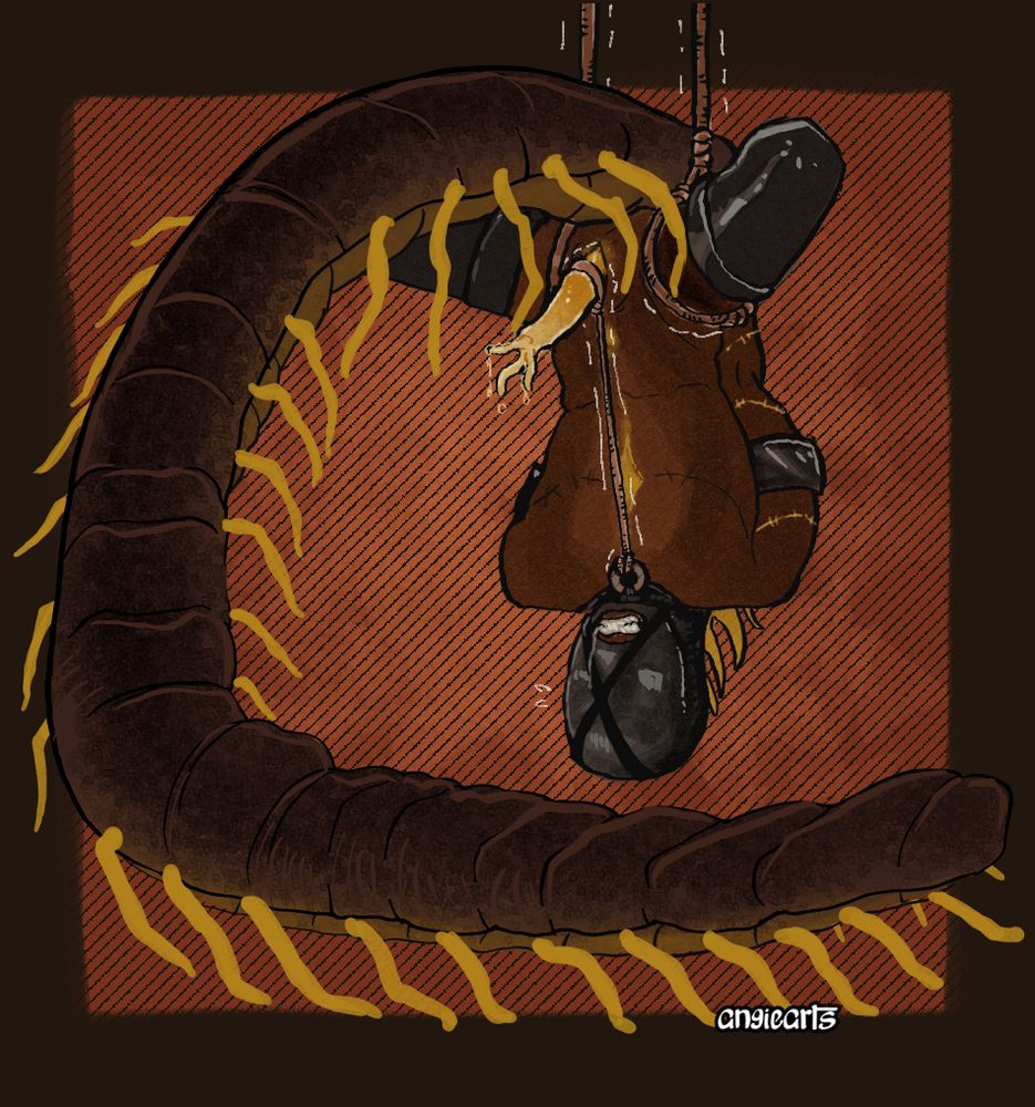 a humanoid with a large centipede tail, wearing a fully encompassing leather mask only exposing their face is suspended upside down with ropes.