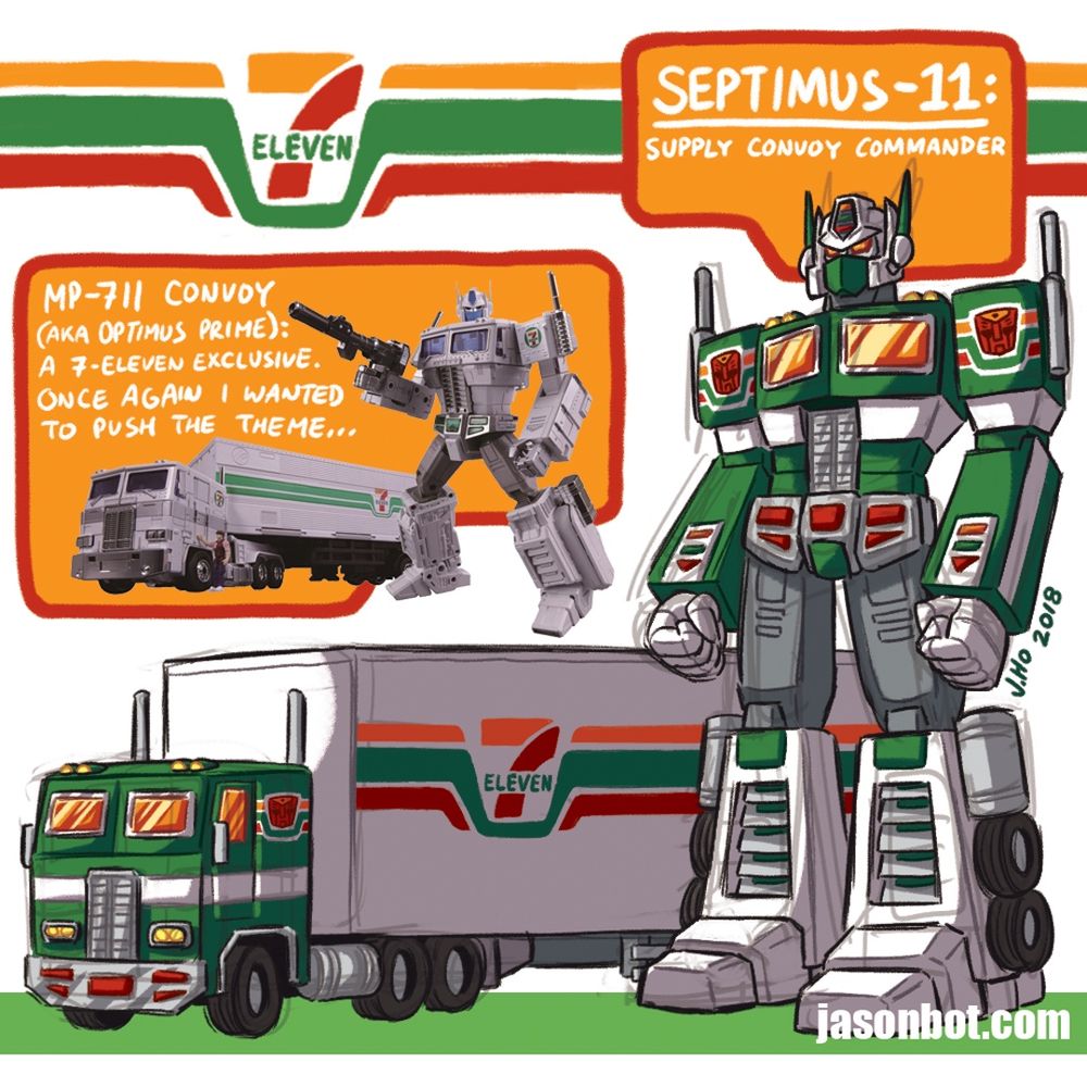 An Optimus Prime style Transformer in both robot mode and truck mode, colored in 7-Eleven colors (orange, green, and red).
