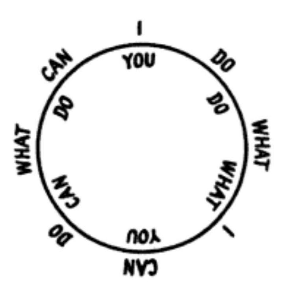 drawing from the alan dugan poem "coat of arms" - a circle with the words "i do what i can do what can" outside and "you do what you do" inside the circumference 