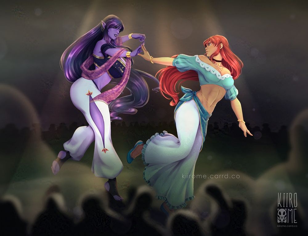 two women dancing in the middle of a crowd. one is a Jinn with purple skin and long galaxy hair and she's barefoot, wearing white pants, an embroidery top, with a shawl hanging on her arms.
the other is a redhead sun kissed tanned with long orange hair, a cropped blue top with frills, long blue skirt with frills on the hem, slippers and a blue cloth wrapped around her waist