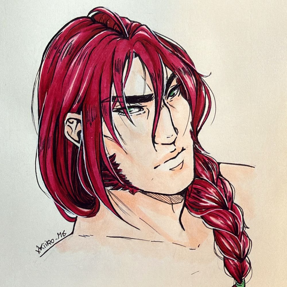 Traditional sketch of a male redhead character with braided long hair falling over his left shoulder. He’s looking towards the viewer with a serious gaze 