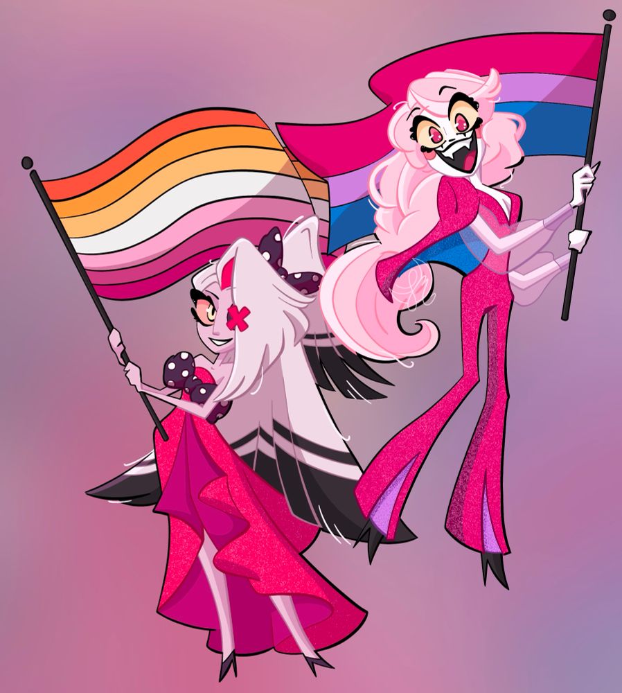 Charlie and Vaggie from Hazbin Hotel posing with their Pride flags