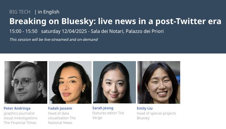 Panel card for: “Breaking on Bluesky: live news in a post-Twitter era.” 15:00-15:50 on Saturday, 12/04/2025 at Sala dei Notari, Palazzo dei Priori. The three panelists are Peter Andringa, Fadah Jessem, Sarah Jeong, and Emily Liu.