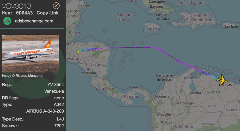 A screenshot from ADS-B Exchange, showing the flight path of a plane from Honduras to Venezuela. The details pane on the left shows the it is a Airbus A340 with tail number YV3554, operated by the Venezuelan flag carrier Conviasa under the flight number VCV9013.