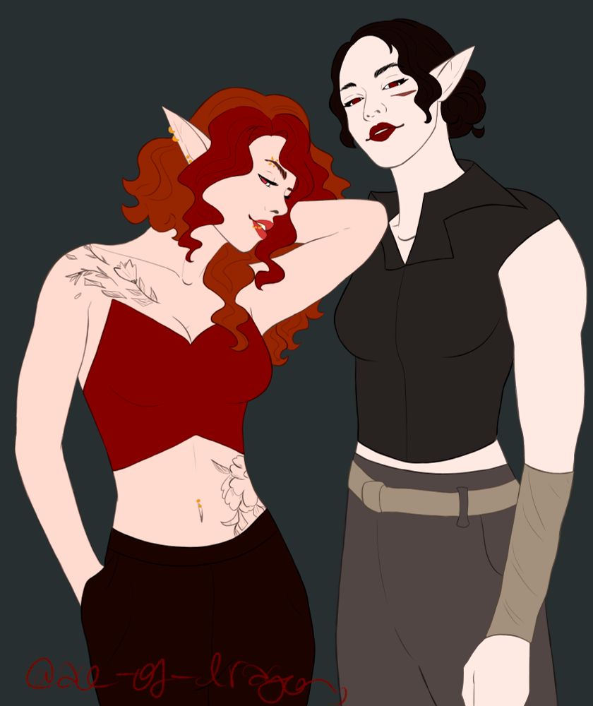 digital art of two women with pointed ears. on the left is Amity wearing a red crop top and low-rise pants so her stomach tattoo and naval piercing are visible. she has an arm behind her head and is looking sideways at the viewer. on the right is Serena, wearing a fitted black top with her black hair tied back, also looking at the viewer 