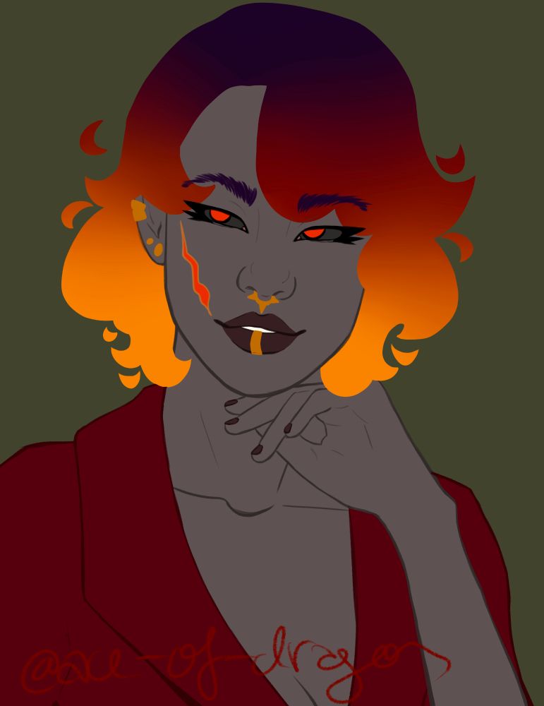 digital art of a person with cropped fiery hair and a scar on one cheek resting her chin on the back of her hand. she is wearing a red top, and has a lip and septum ring 