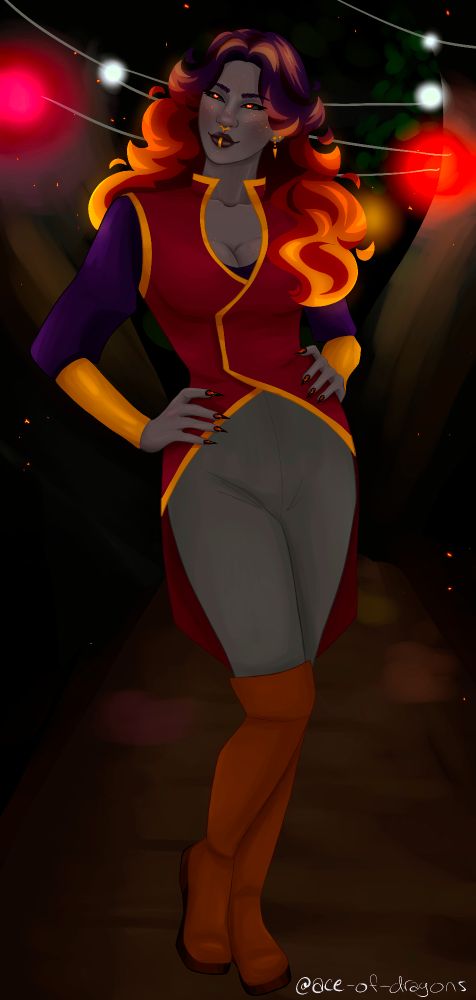 digital art of a fire genasi person with wavy, fiery hair wearing a fancy red and gold coat and standing with her hands on her hips