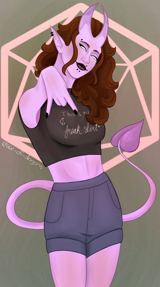 digital art of a purple tiefling with wavy brown hair and a heart-shaped tail tip. she is wearing blue shorts and a black crop top that says "This is my freak shirt"