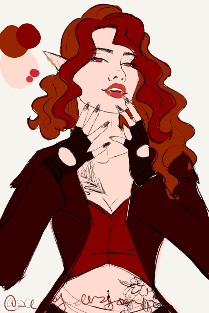 digital art sketch of a pale woman with curly reddish hair cropped on one side and long on the other. she's wearing a red coat, red crop top, and black fingerless gloves. she has a tattoo on her lower stomach, and another under her collarbone