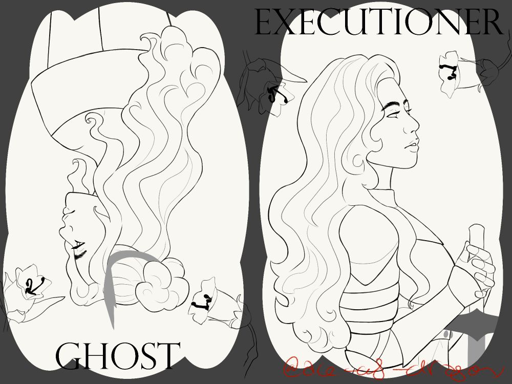 digital art of a woman with long wavy hair in two different frames. the first is labelled "Ghost", and she's upside-down and wearing a crown. in the second she is wearing armour and holding a sword. Belladonna flowers adorn the frame