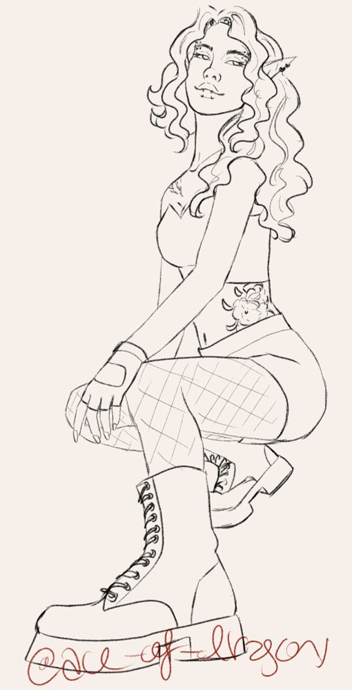 digital art sketch of a woman with pointed ears in a crouched position. the camera is angled up, so her boots are at the forefront of the image. she is wearing a crop top, shorts, fingerless gloves, and fishnets. her wavy hair is cropped short on one side, and is long on the other