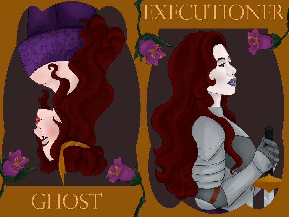 my OC Bella as the Ghost and Executioner cards. the Ghost card depicts a pale woman wearing a purple dress and a golden crown in her long dark hair. the Executioner card depicts the same woman, now even paler in death, wearing armour and carrying a sword. belladonna flowers twine around the frames of both