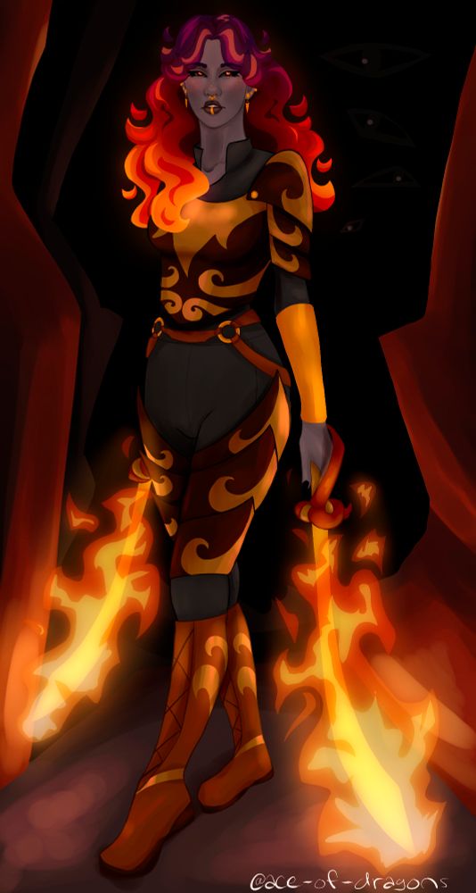 my OC Ridani, a fire genasi with wavy fiery hair wearing brown and gold leather armour and carrying two flaming swords