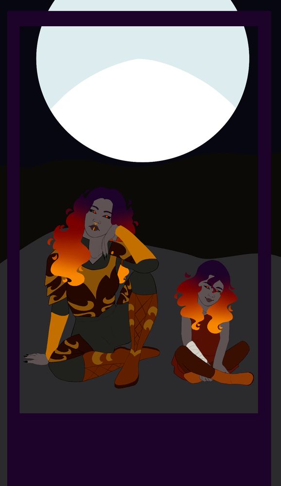 digital art of a card with Ridani as both a child and an adult sitting beneath a huge moon