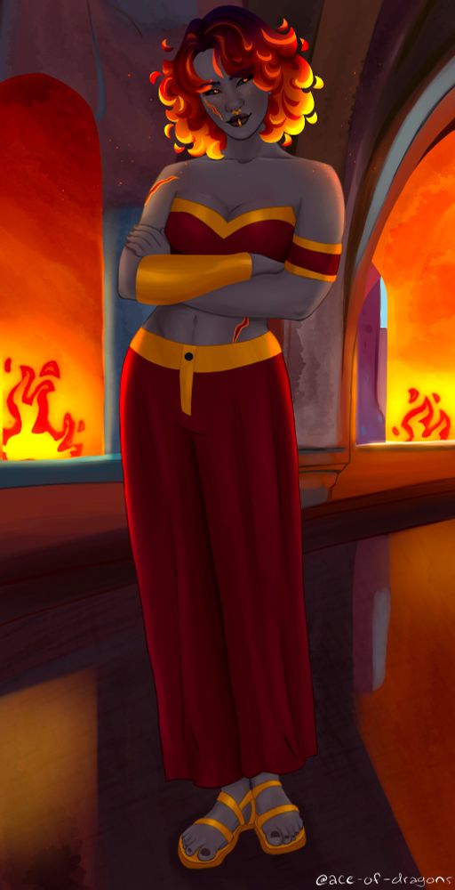 my OC Ridani, a fire genasi with cropped fiery hair and scars on her cheek, shoulder, and abdomen standing with her arms crossed in a firelit room. she is wearing loose-fitting red and gold pants with a matching crop top, and gold sandals. 