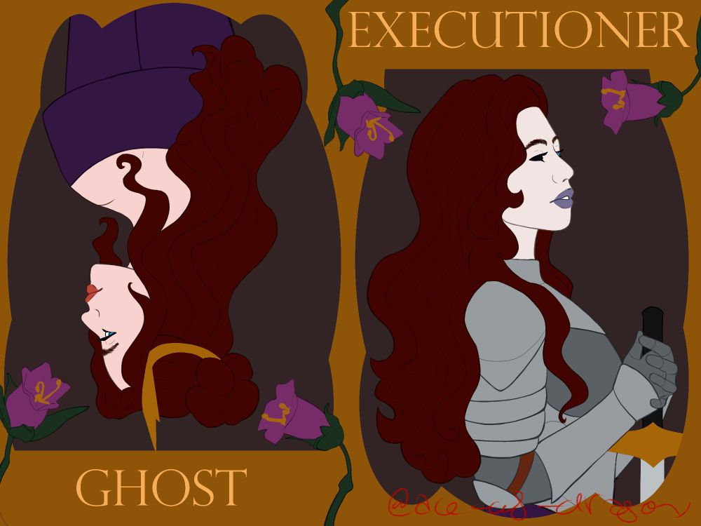 digital art of a woman framed as two tarokka cards. in the first, labelled "ghost", she is upside down and wearing a crown. in the second, labelled "executioner", she is wearing armour and holding a sword. she has long, wavy dark hair