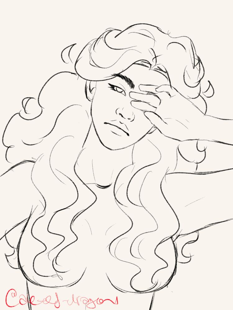 digital art of a person with wavy hair lying on her back with a hand over one eye