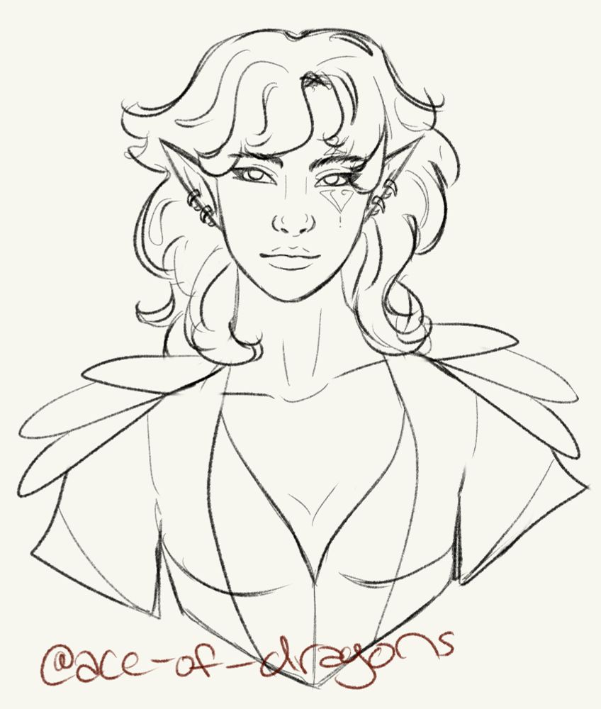 digital art sketch of an elven person with fluffy hair and a tattoo over one eye