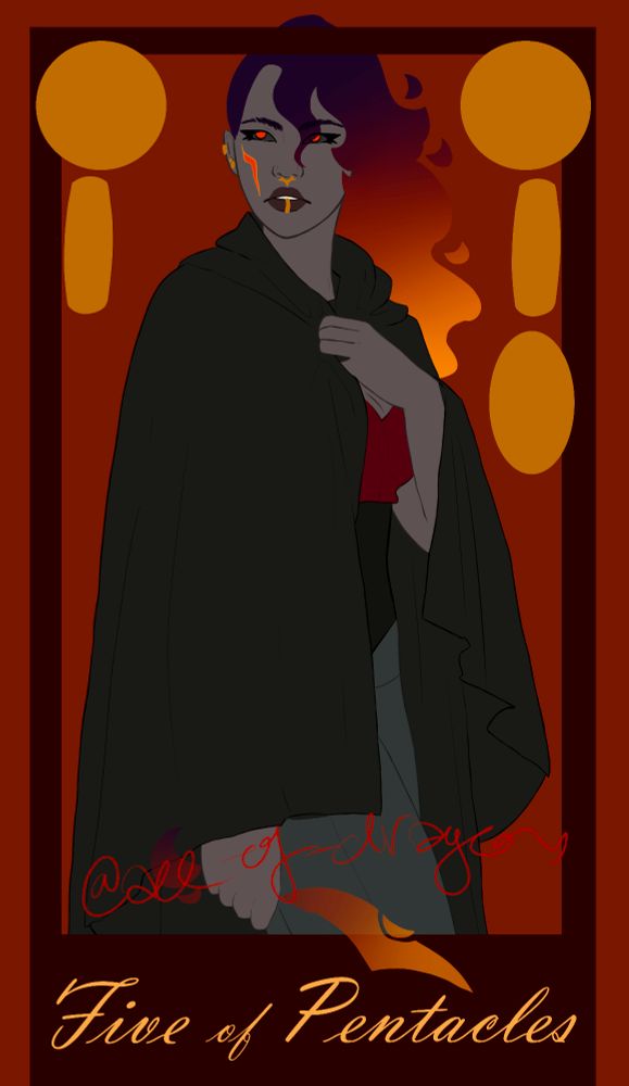 digital art of the Five of Pentacles tarot card featuring a person with fiery hair and a scar on one cheek. she is holding a cloak closed, and carrying a knife in one hand