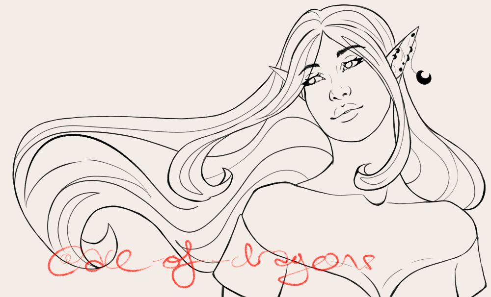 digital art of an elven woman with long hair blowing in the wind. a crescent moon earring hangs from one ear