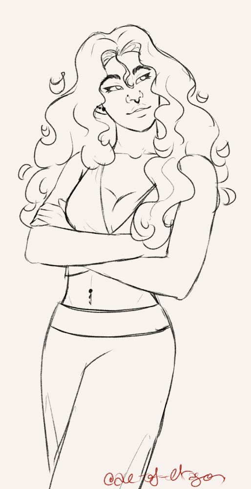 digital art sketch of a person with long wavy hair standing with her arms crossed 