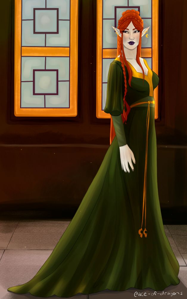 my OC Korinna, a pale elven woman with long red hair in a half-up style wearing an elegant green and gold dress. she is standing in a large room lit by two gold-trimmed windows