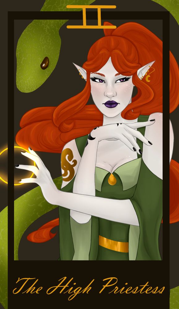 digital art of a pale elven woman with long red hair tied back in a flowing ponytail casting a spell with one hand. she is wearing green, and has a golden tattoo on one shoulder. behind her is a green snake 