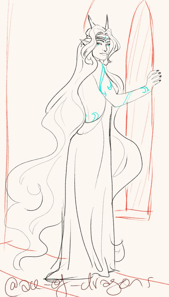 digital art sketch of an elven woman with horns and skin covered in swirling blue tattoos standing at a window. her hair is long and slightly windblown, and she's wearing a dress
