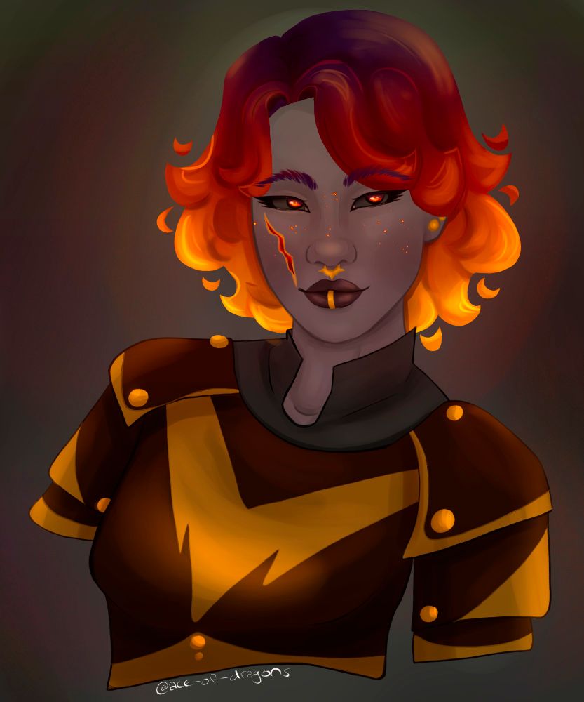 my OC Ridani, a person with cropped fiery hair and a scar on one cheek wearing brown and gold armour