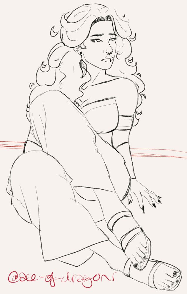 digital art sketch of a person with wavy hair and a feather earring wearing a crop top and pants 