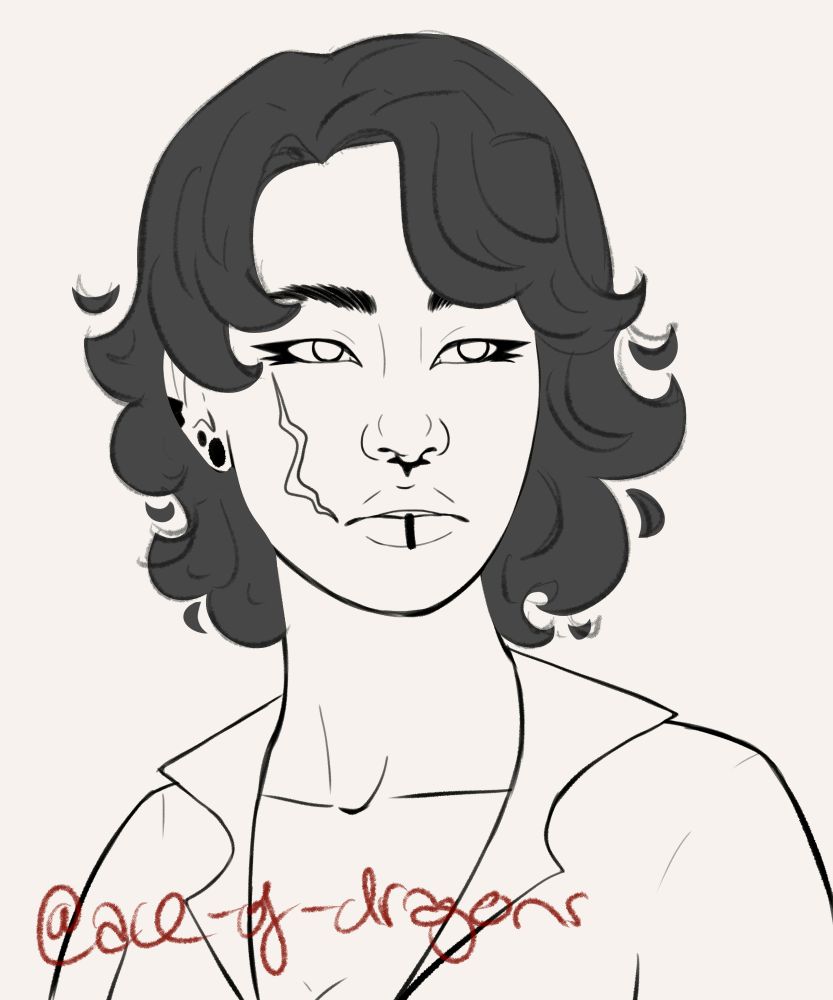 digital art of a person with cropped wavy hair and a scar on one cheek 
