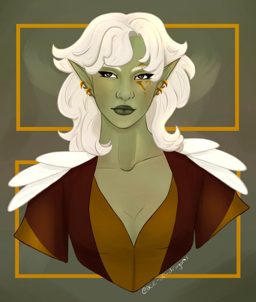my OC Atalanta, a pale green elven woman with fluffy white hair and a golden tattoo over one eye. she is wearing brown leather armour