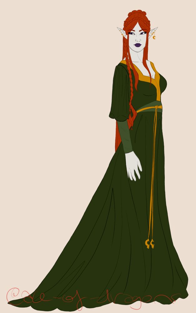 digital art of a pale elven woman with long red hair wearing an elegant green and gold dress