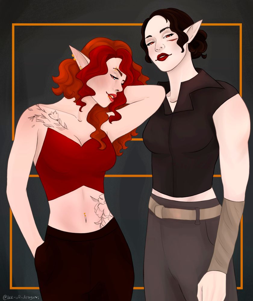 my OC Amity, a pale vampiric woman with red curly hair cropped short on one side and tattoos on her abdomen and shoulder standing with one arm behind her head. next to her is Serena, another pals vampiric woman, with dark hair and a scar on one cheek