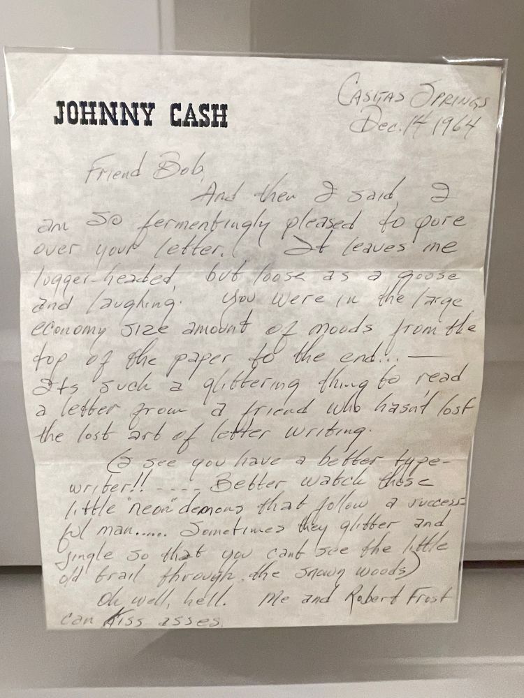 Handwritten letter from Johnny Cash to Bob Dylan.