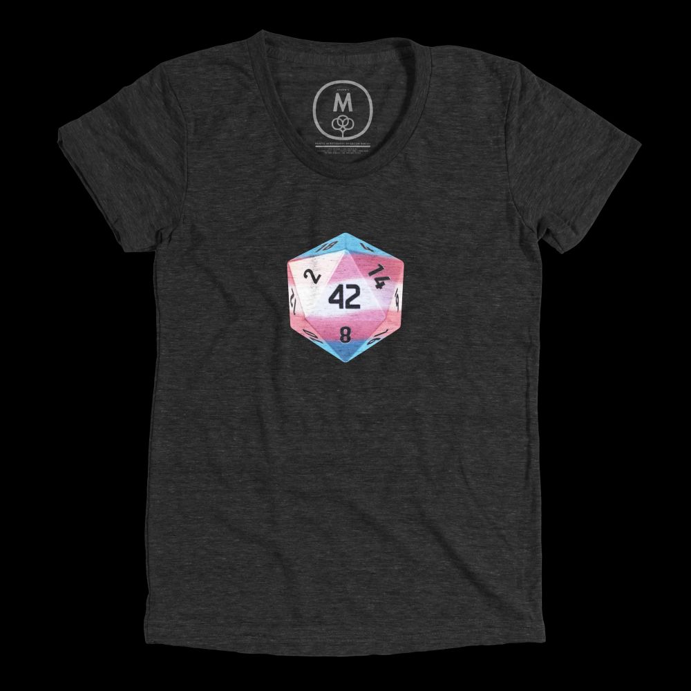 A t-shirt with a Dice by PCalc logo on it in trans pride colours.