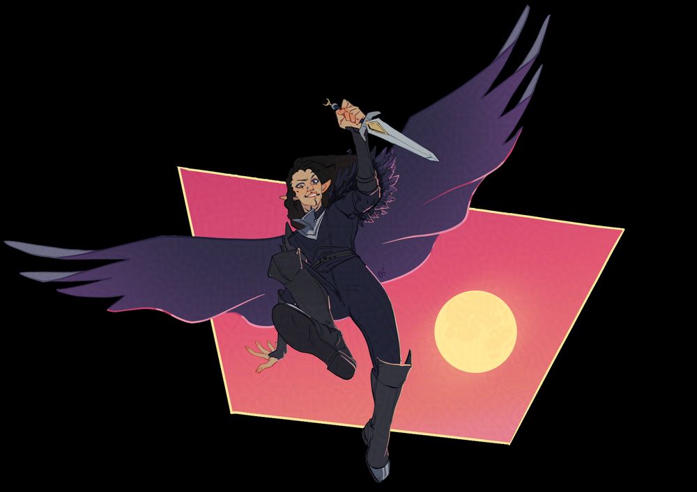 An elf with long, black, curly hair leaping through the air towards the viewer, with a dagger in hand. Their cloak is wing-shaped and billowing behind them. 