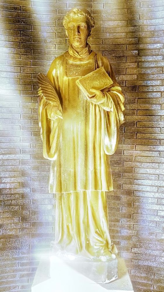 An altered photo of a statue of Saint Laurence, the patron saint of librarians and archivists, at the Walker Sculpture Garden in Minneapolis Minnesota