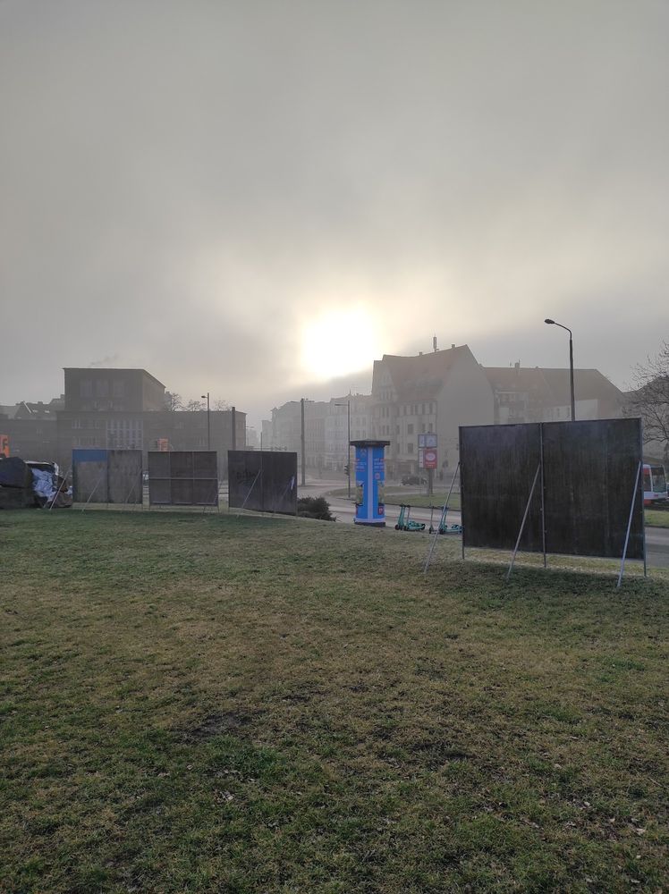 Rückansicht von Wahlplakaten im Nebel in Halle 